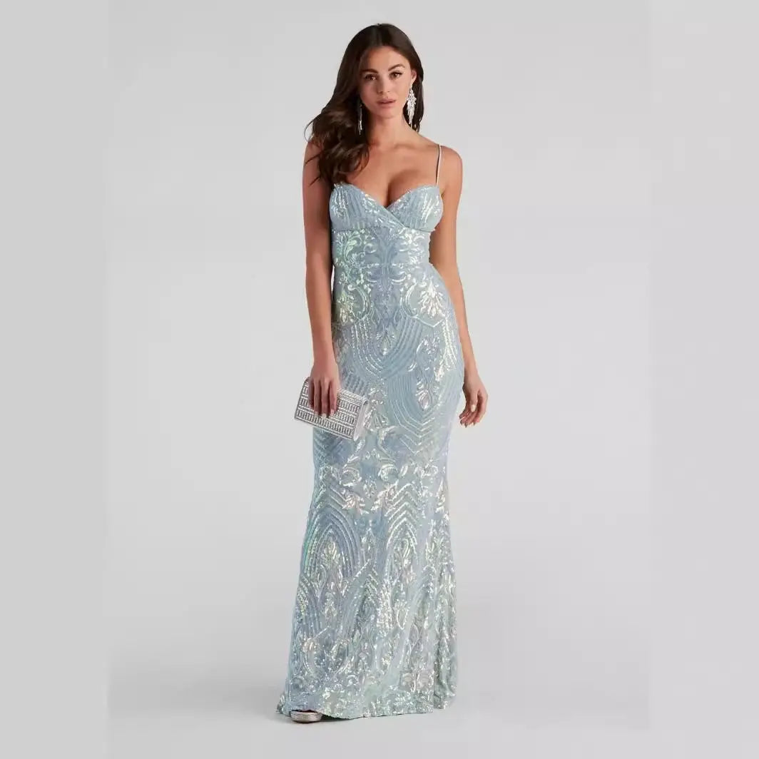 Sequin V Neck Floor Length Maxi Dress Women Evening Formal Party Bella Mia