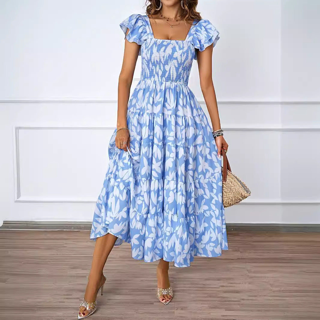 Square Collar Printing Pleated Ruffle Sleeve Elegant Bohemian Printing Dress Bella Mia