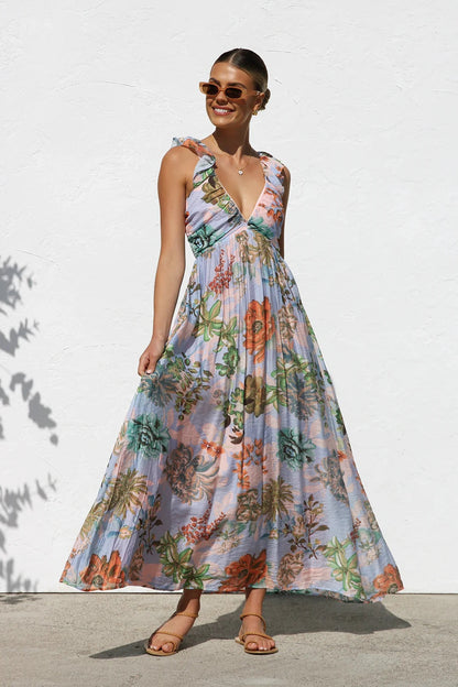 Summer Dress Same Printed V neck Large Swing Strap Dress Women