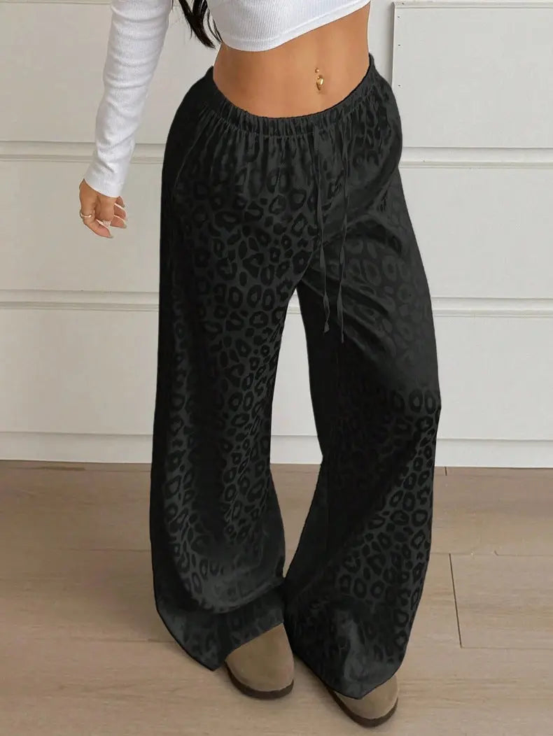 Women Clothing Autumn Satin Casual Pants Drawstring Leopard Print Mop Wide Leg Pants Long Pants Bella Mia