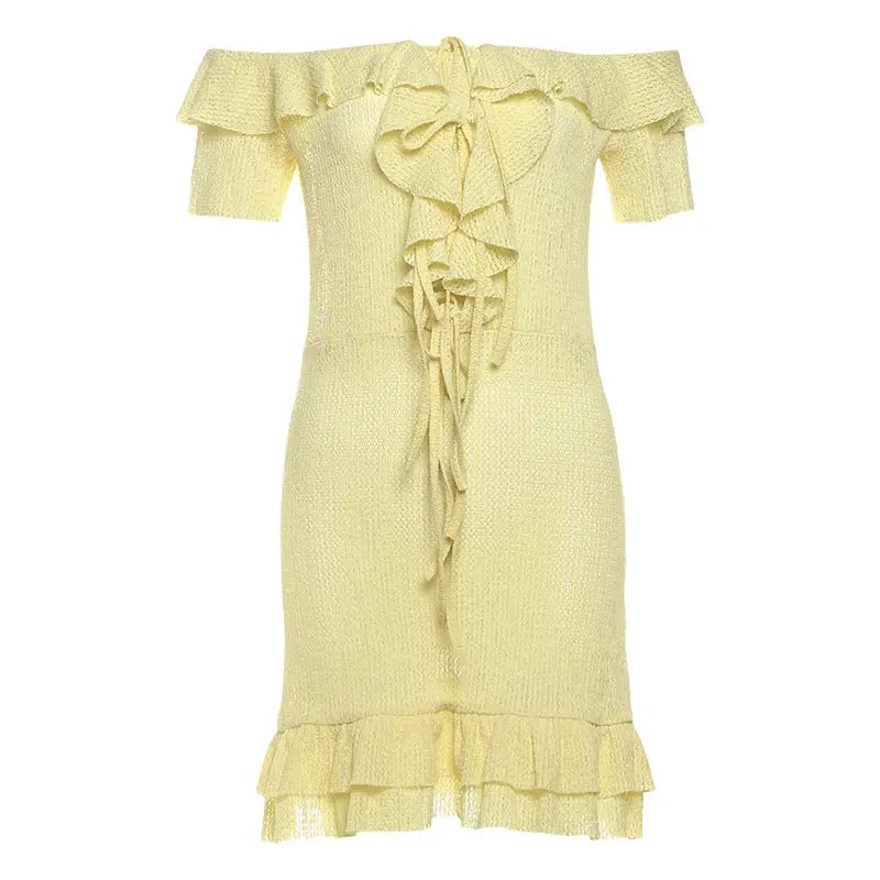 Fall Sexy off Shoulder Wooden Ear Tied Slim Fit Hip Dress Solid Color Dress Bella Mia