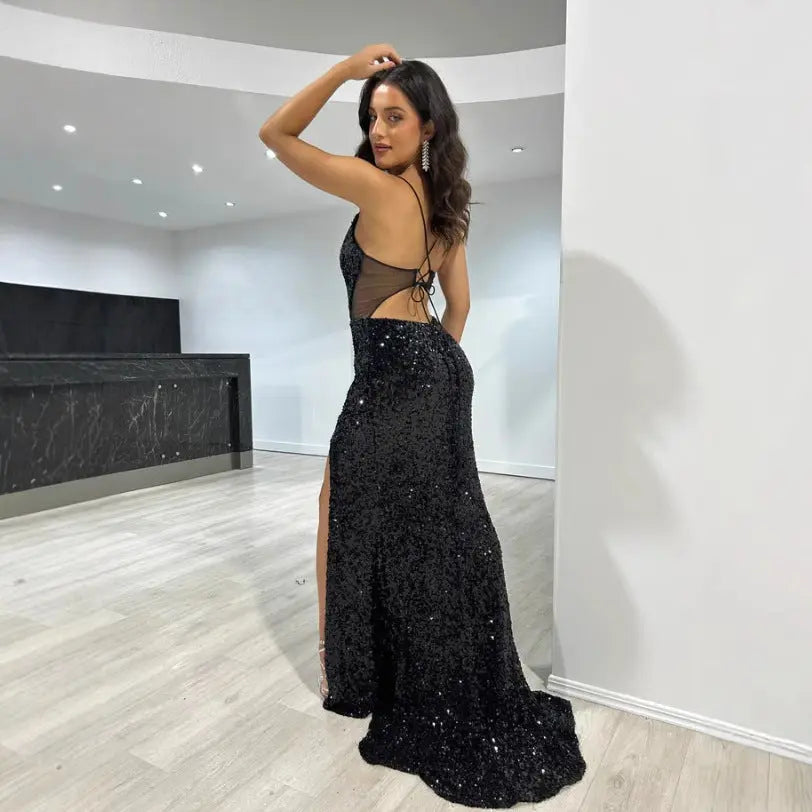 Sequined Halter Neck Split Maxi Dress Backless Zipper Slim Fit Formal Bella Mia