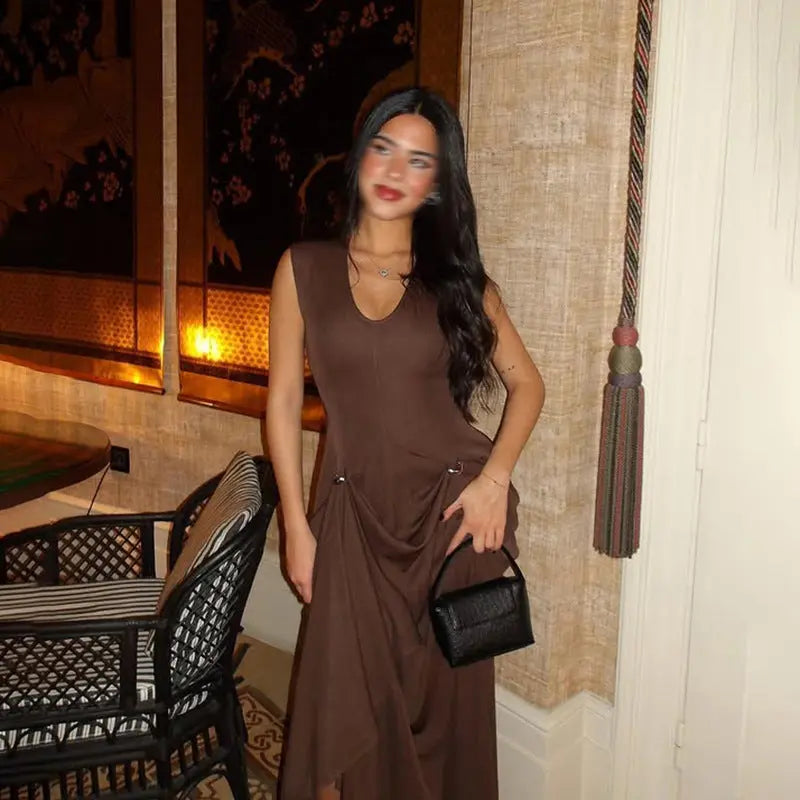 Sexy Sleeveless Dress Summer U Collar Fitted Waist Pleated Design Solid Color Dress Women Bella Mia