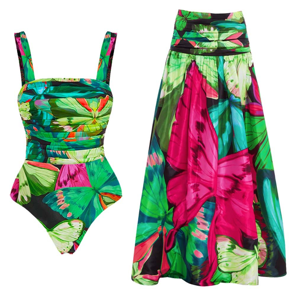 Butterfly Print One Piece Swimsuit Women Umbrella Skirt Sets Bella Mia