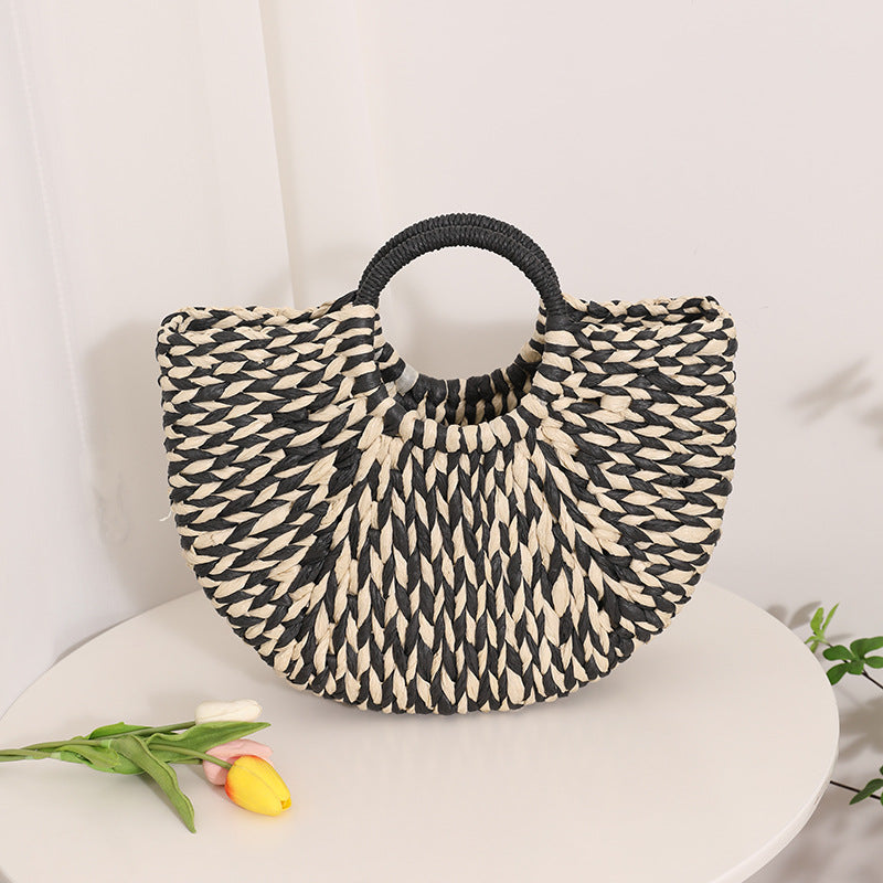 Niche Semicircle Portable Straw Weaved Bag Retro Color Hand Carrying Straw Bag Woven Bag Women Seaside Vacation Beach Bag Bella Mia