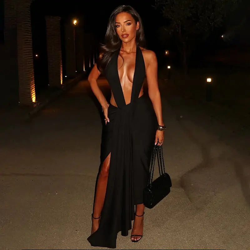 Women Sexy Slim Fit Halter Backless Sleeveless Pleated Elegant Maxi Dress Bella Mia