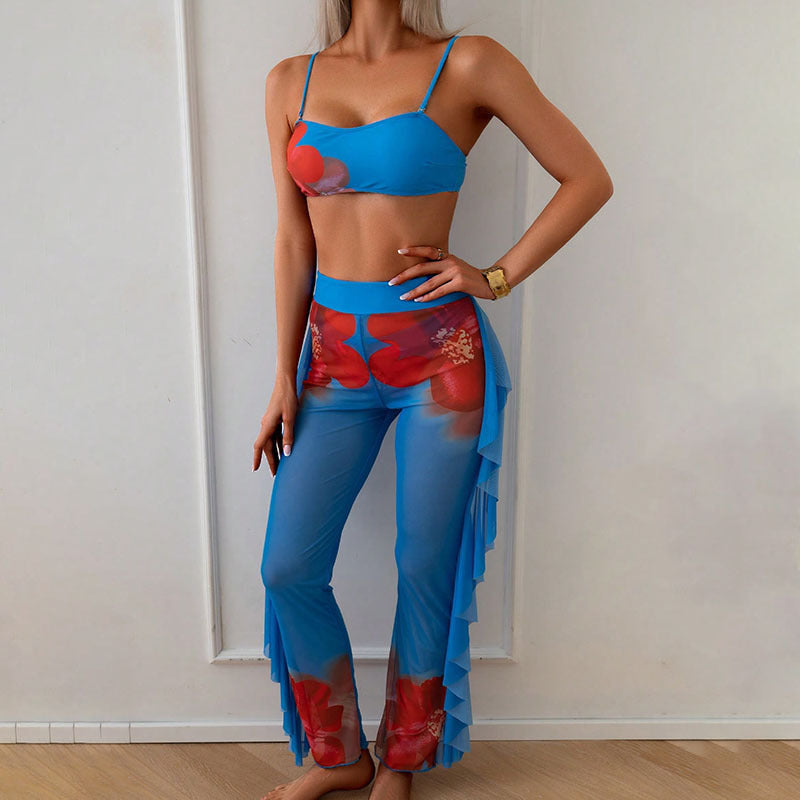 Printed Three Piece Sets Swimsuit Women Beach Trousers Sexy Bikini Spring Swimsuit