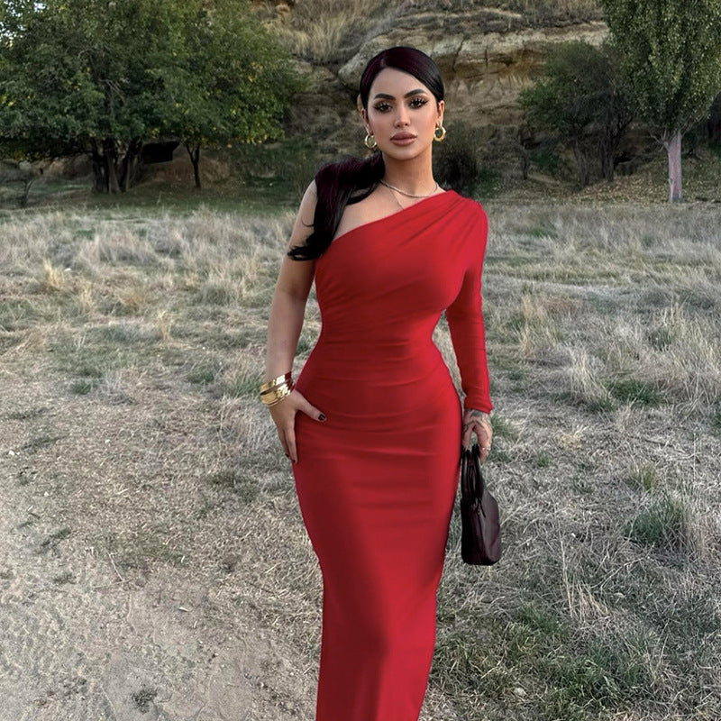 Autumn Elegant Sexy Slim Shoulder Pleated Single Layer Sleeves Dress Women Bella Mia