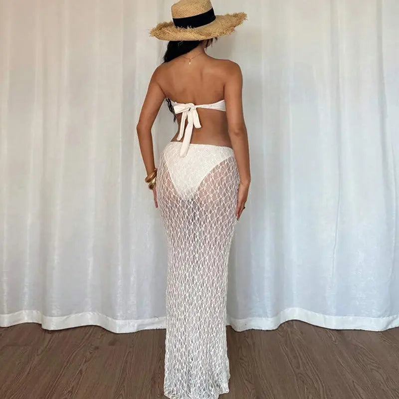 Summer Women Clothing Solid Color Sexy Lace up Tube Top Lace Maxi Skirt Two Piece Set for Women Bella Mia