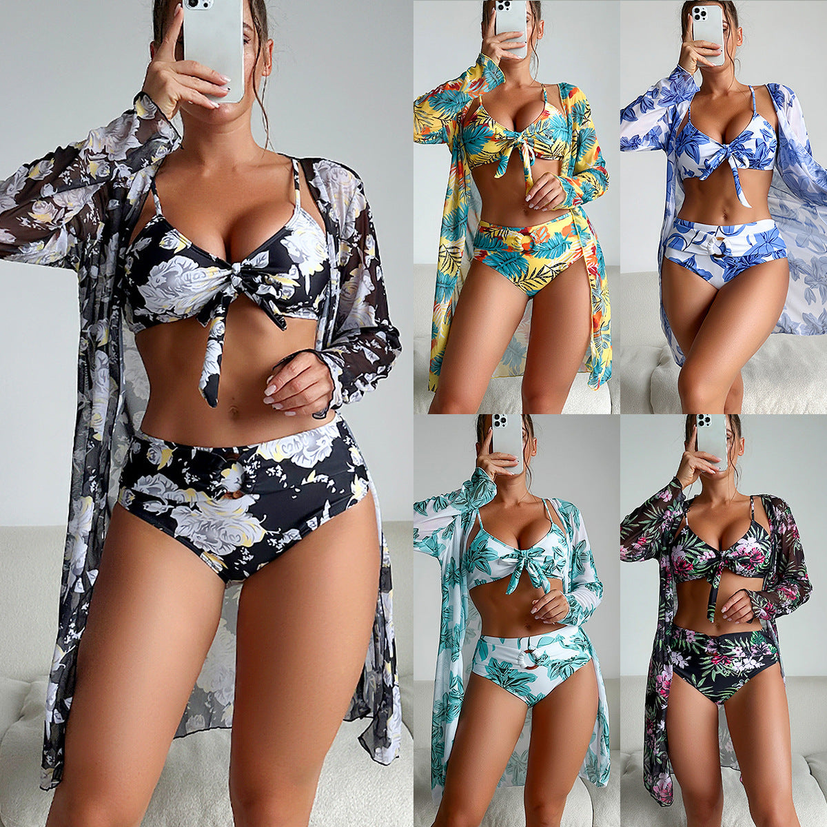 Swimsuit Women Two Piece Printed Long Sleeve Internet Celebrity Bikini Three Piece Swimsuit Bella Mia