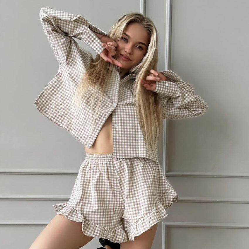 Plaid Cardigan Long Sleeve Shorts Home Wear Autumn Cotton Loose Casual Pajamas Women Bella Mia