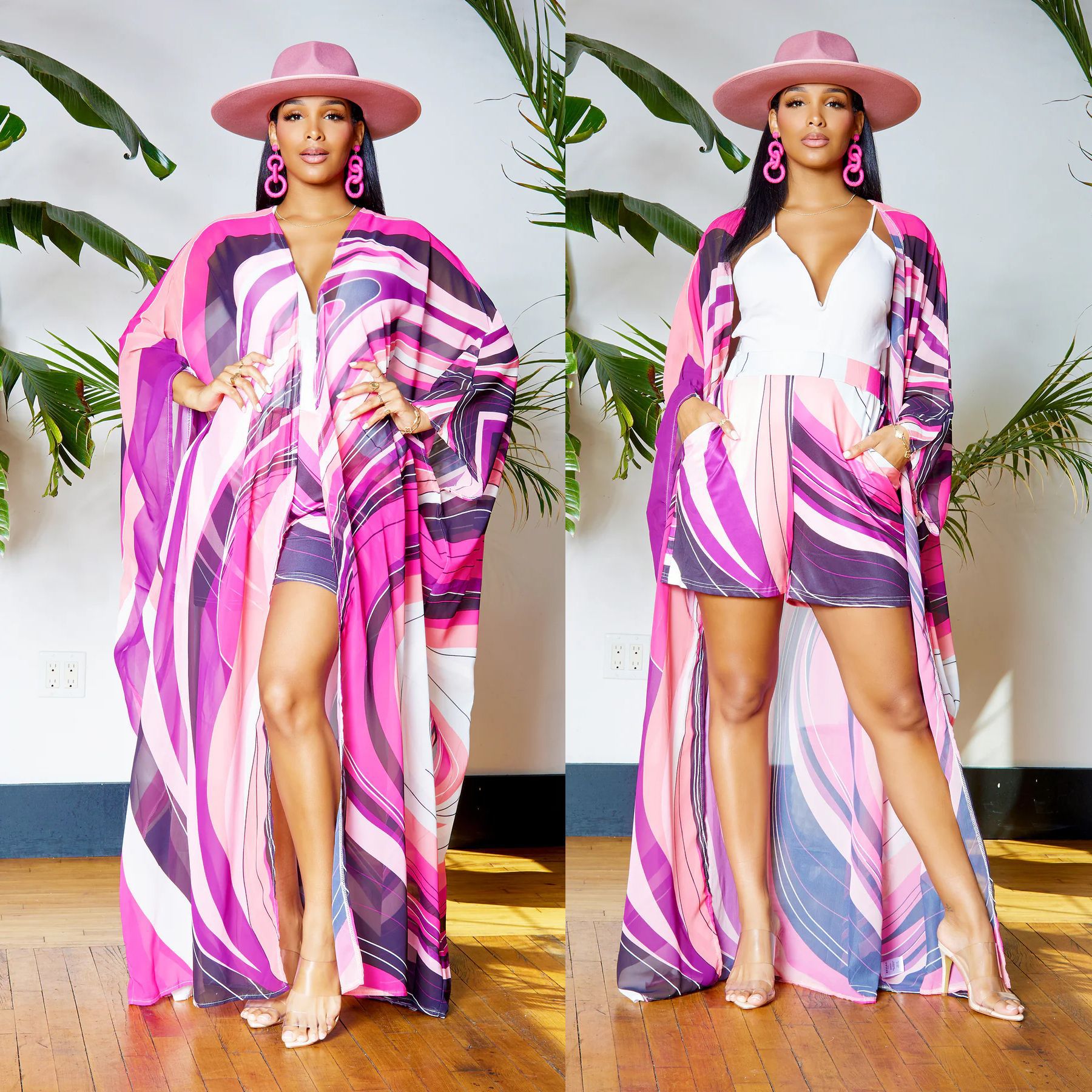 Chiffon Printed Blouse Shorts Suit Sun Protection One Sleeve Cardigan Beach Two Piece Set Women Bella Mia