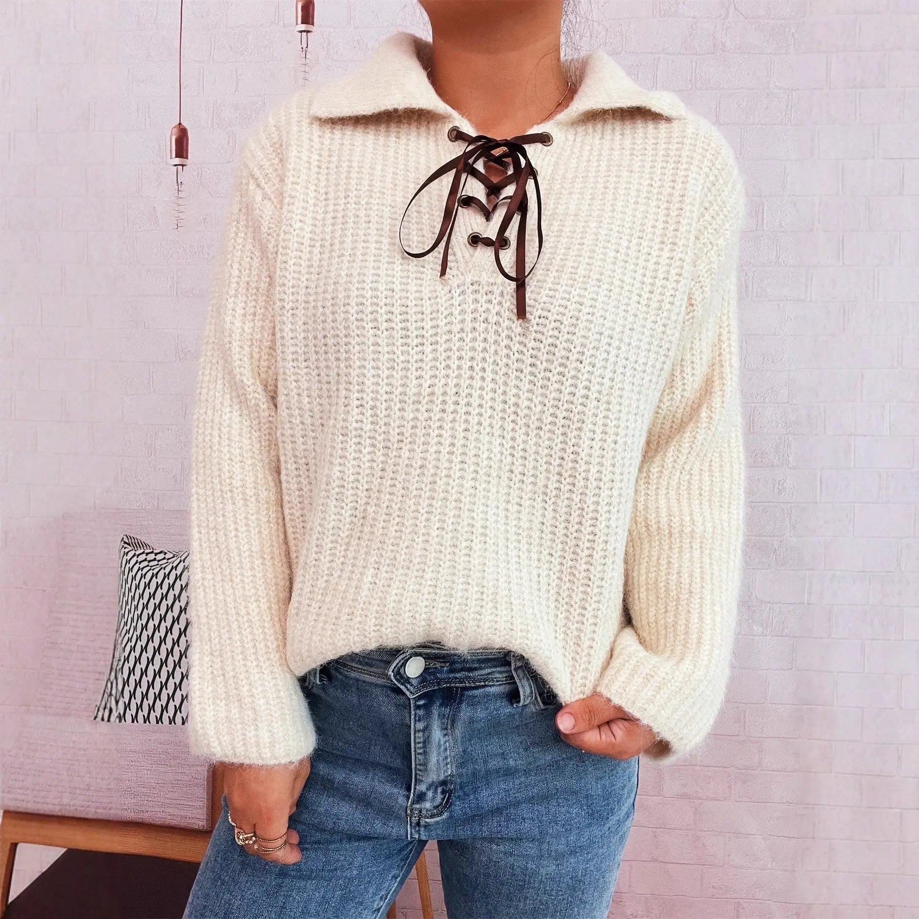 Autumn Winter Simple Office Collared Tied Knitted Pullover Solid Color Loose Sweater Bella Mia