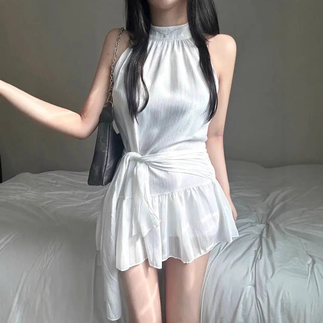 Gentle Girlish Halter round Neck Sleeveless Dress Waist Controlled Lace up Short Double Layer Flounced Bella Mia