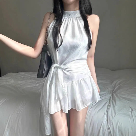 Gentle Girlish Halter round Neck Sleeveless Dress Waist Controlled Lace up Short Double Layer Flounced Bella Mia