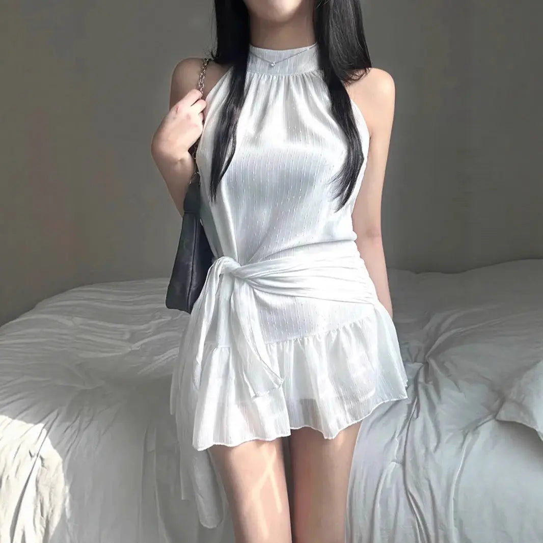 Gentle Girlish Halter round Neck Sleeveless Dress Waist Controlled Lace up Short Double Layer Flounced Bella Mia