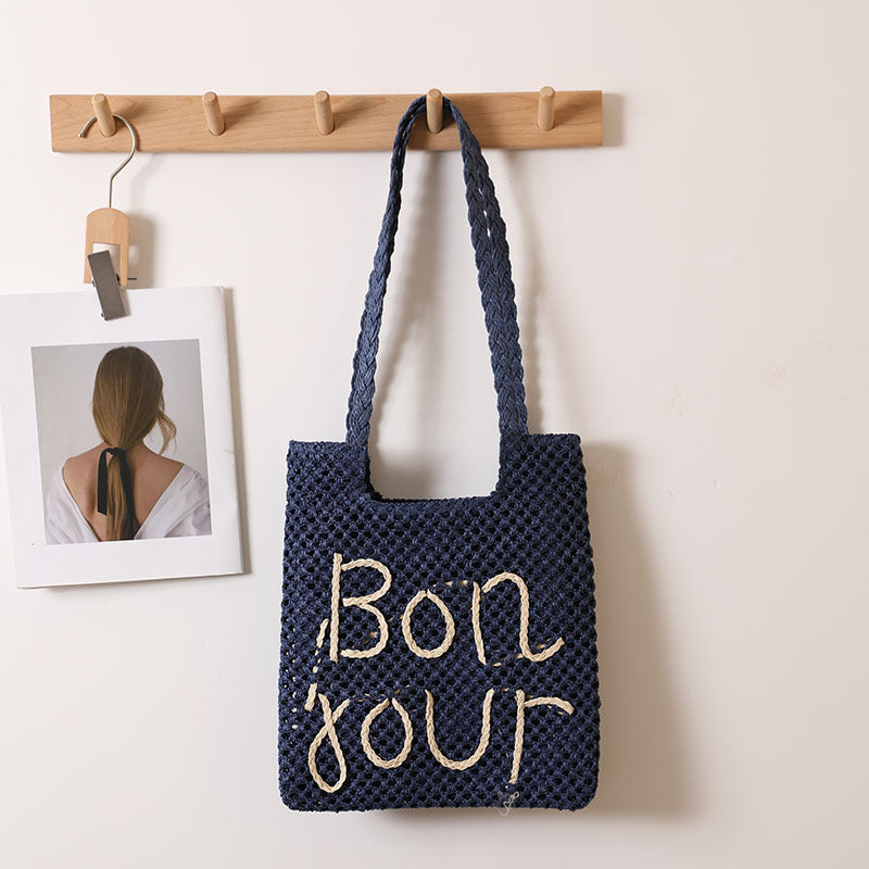 Letter Graphic Embroidery One Shoulder Straw Bag Hollow Out Cutout out Straw Bag Woven Bag Vacation Beach Bag Women Bag Bella Mia