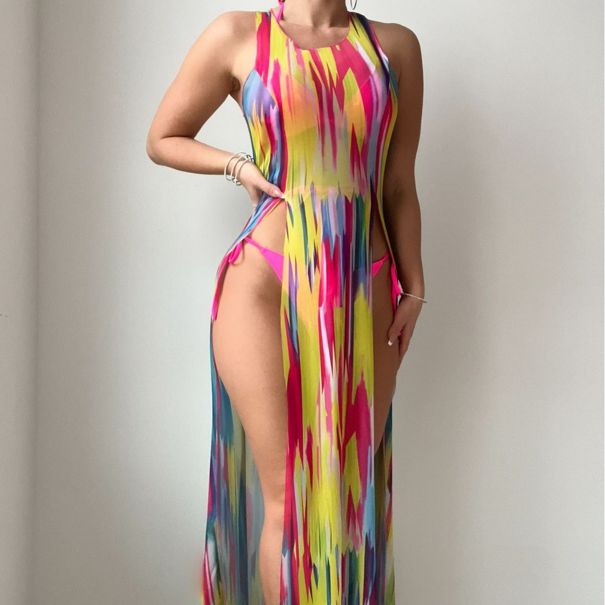 Rainbow Printing Halter Beach Cover Up Three Piece Set Sexy Swimsuit Bella Mia