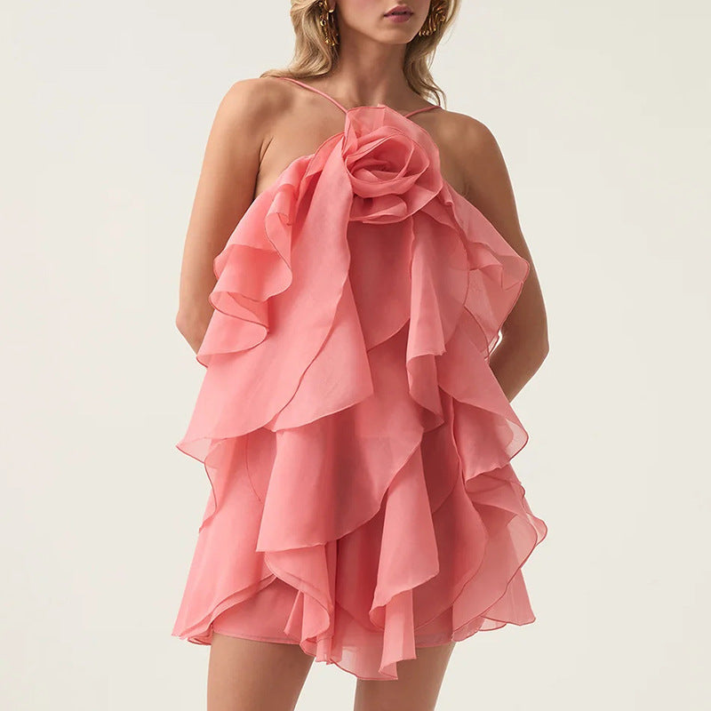 Elegant Sexy High Grade Short Dress Early Spring Halter Three Dimensional Floral Design Lace up Sleeveless Dress