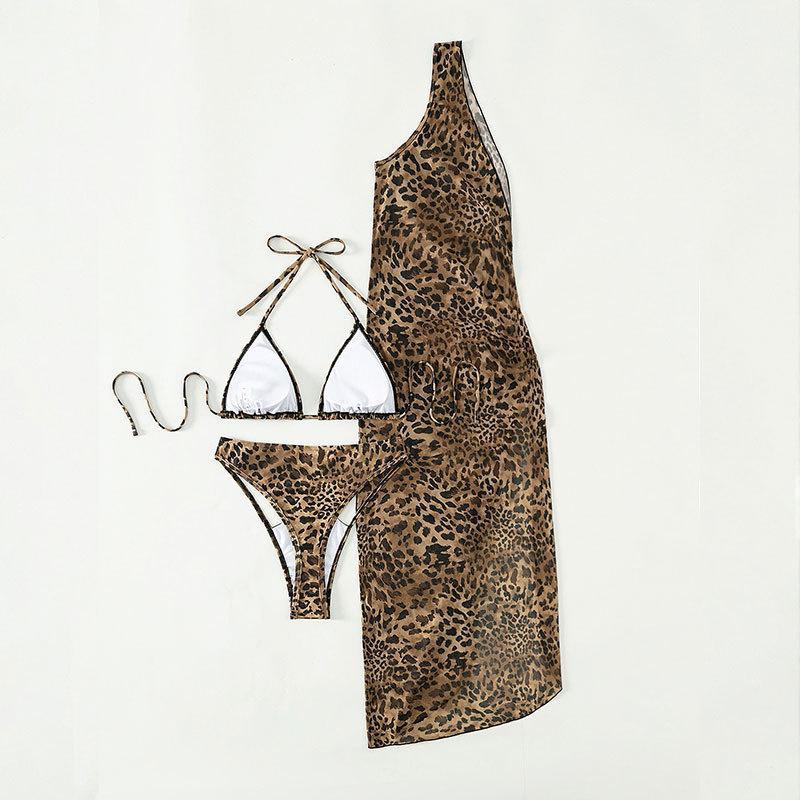 Sexy Leopard Print One Shoulder High Waist Three Piece Suit Mesh Maxi Dress Swimsuit Bikini Bella Mia