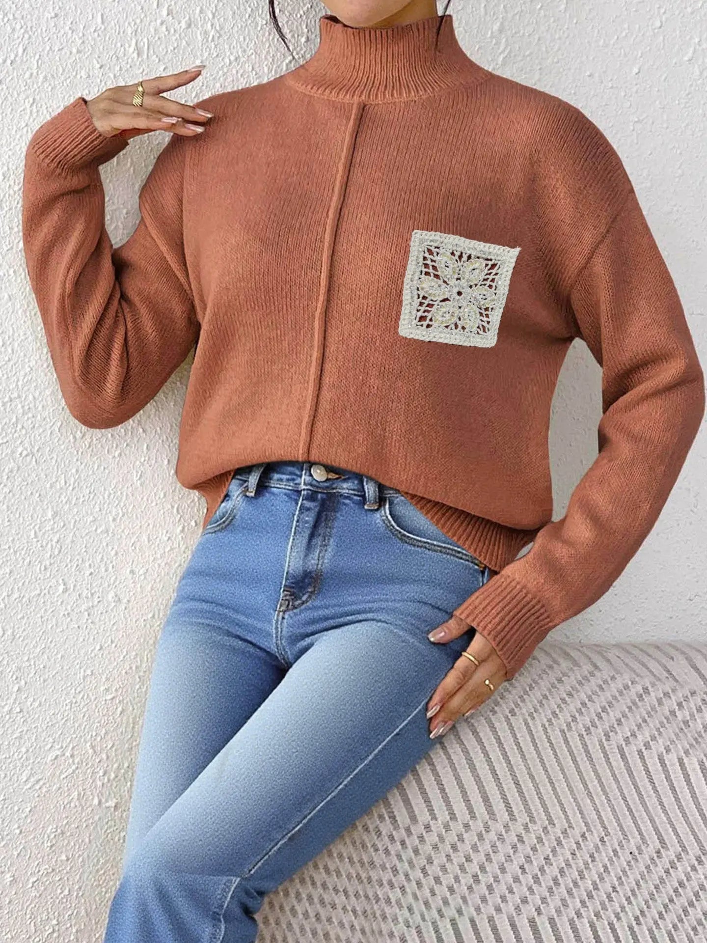 Autumn Winter Women Clothing Solid Color Half Collar Pullover Sweater Sequined Hollow Out Cutout Pocket Stitching Sweater for Women Bella Mia