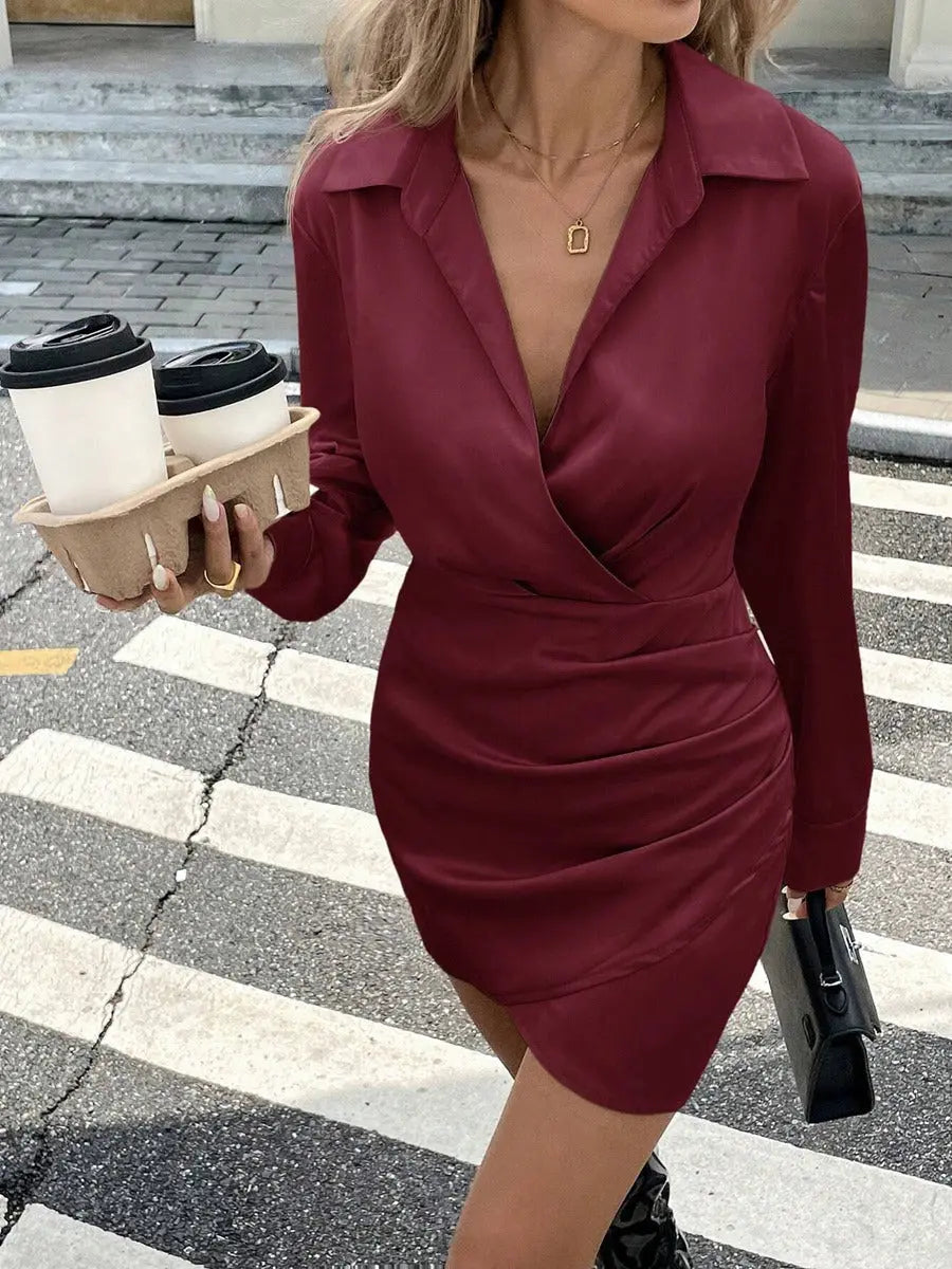 Women Clothing Satin Autumn Long Sleeve Dress Fitted Waist Pleated Simple Short Dress Bella Mia