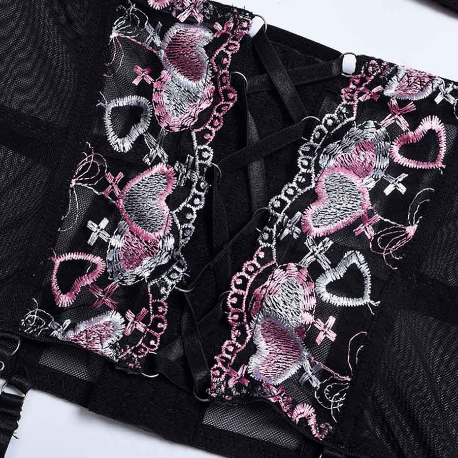 Mesh Love Embroidery Waist Shaping Garter Three-Piece Set Sexy Suit Bella Mia