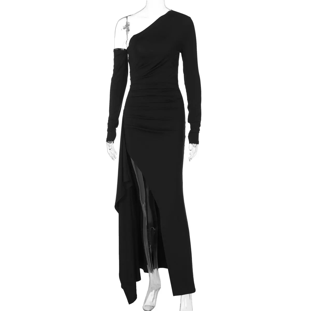 Women Autumn Sexy Diagonal Collar off the Shoulder Fitted Waist Pleated Irregular Asymmetric Slit Dress Bella Mia
