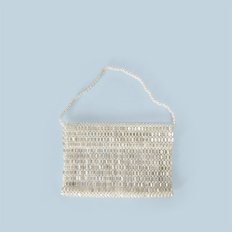 Shiny Flat Melon Seeds Beads Woven Bag Large Capacity Portable Underarm Flip Women Bag Handmade Casual Square Bella Mia