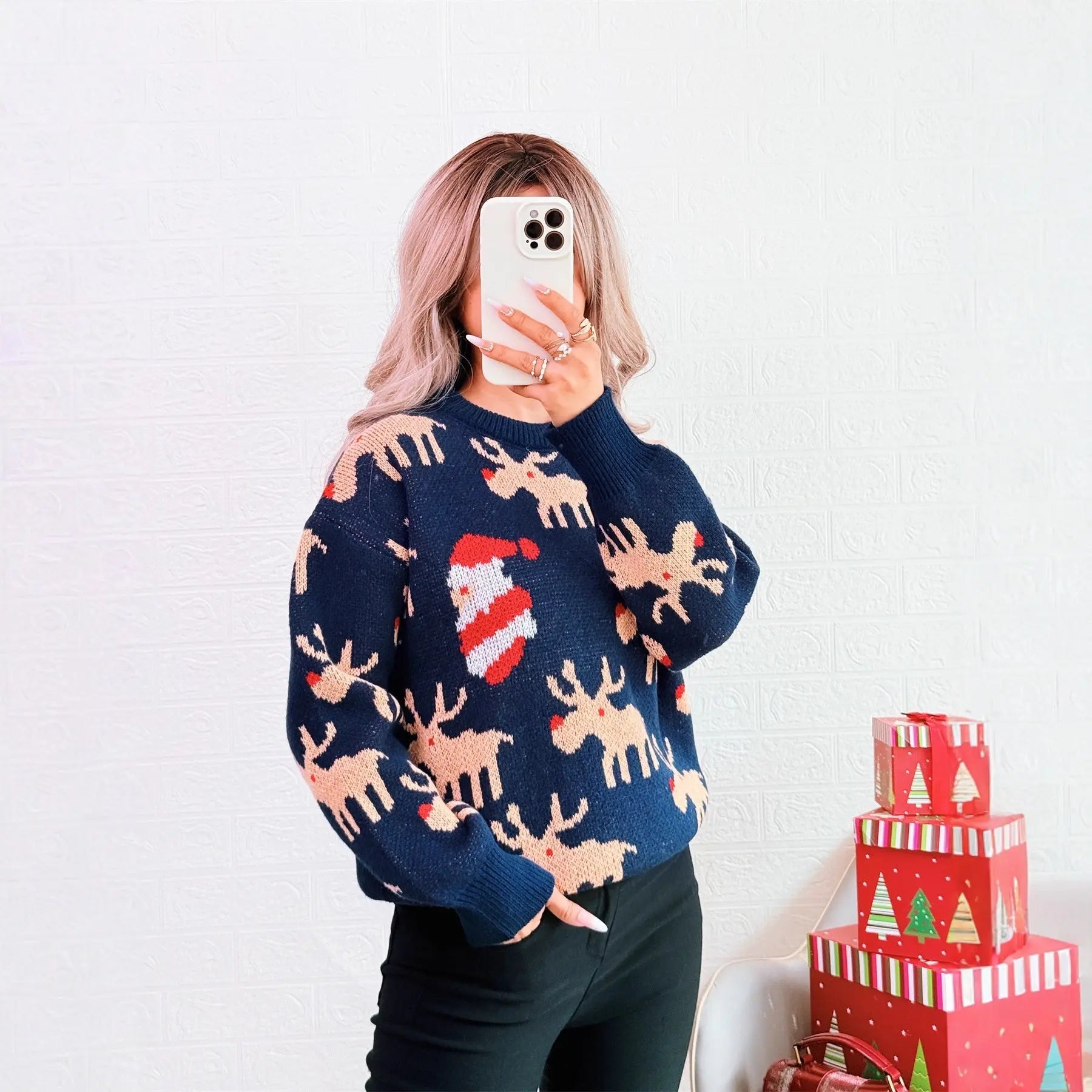 Christmas Contrast Color Deer Jacquard Knitted Sweater Crew Neck Casual Bella Mia