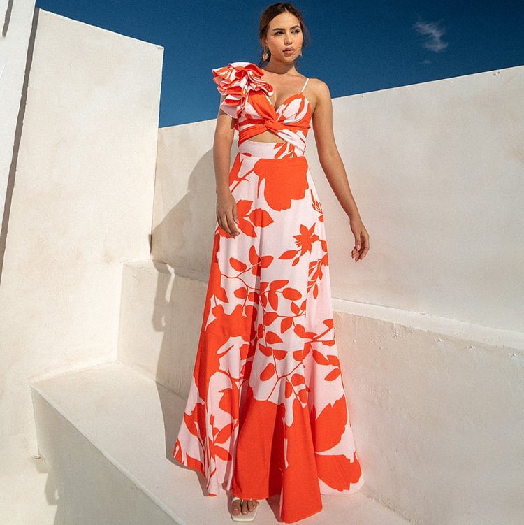 One Shoulder Ruffled Hollow Out Cutout Printed One Piece Swimsuit Women Skirt Bella Mia