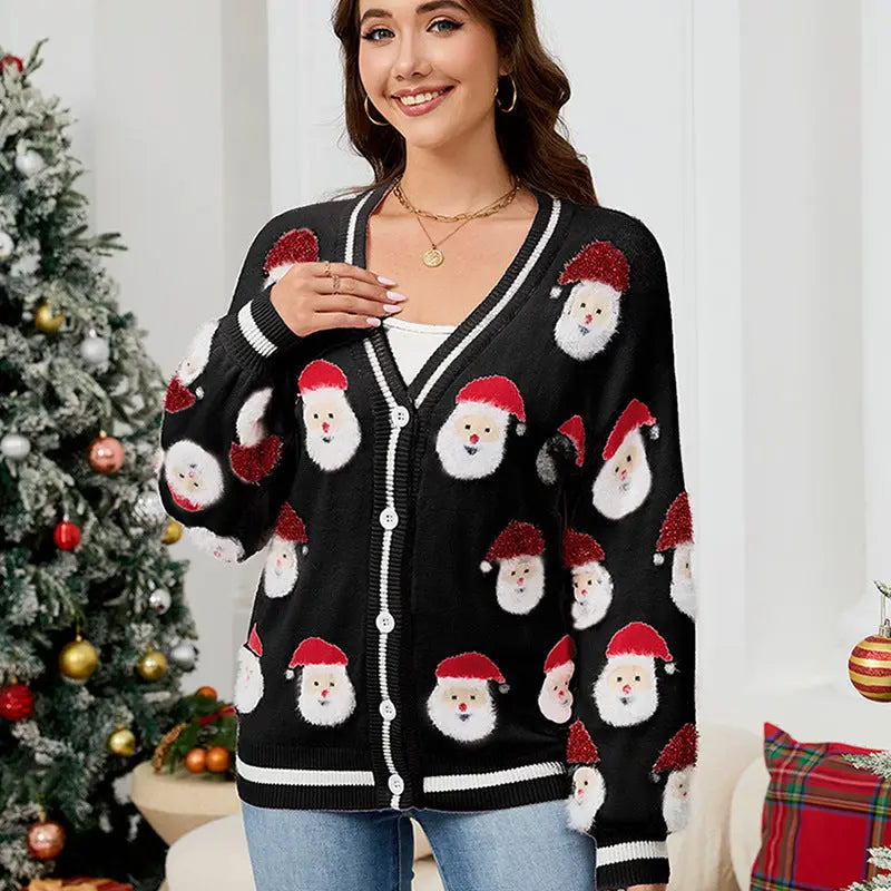 Women Casual Santa Claus Brocade Sweater Cardigan Autumn Winter Christmas Sweater Bella Mia