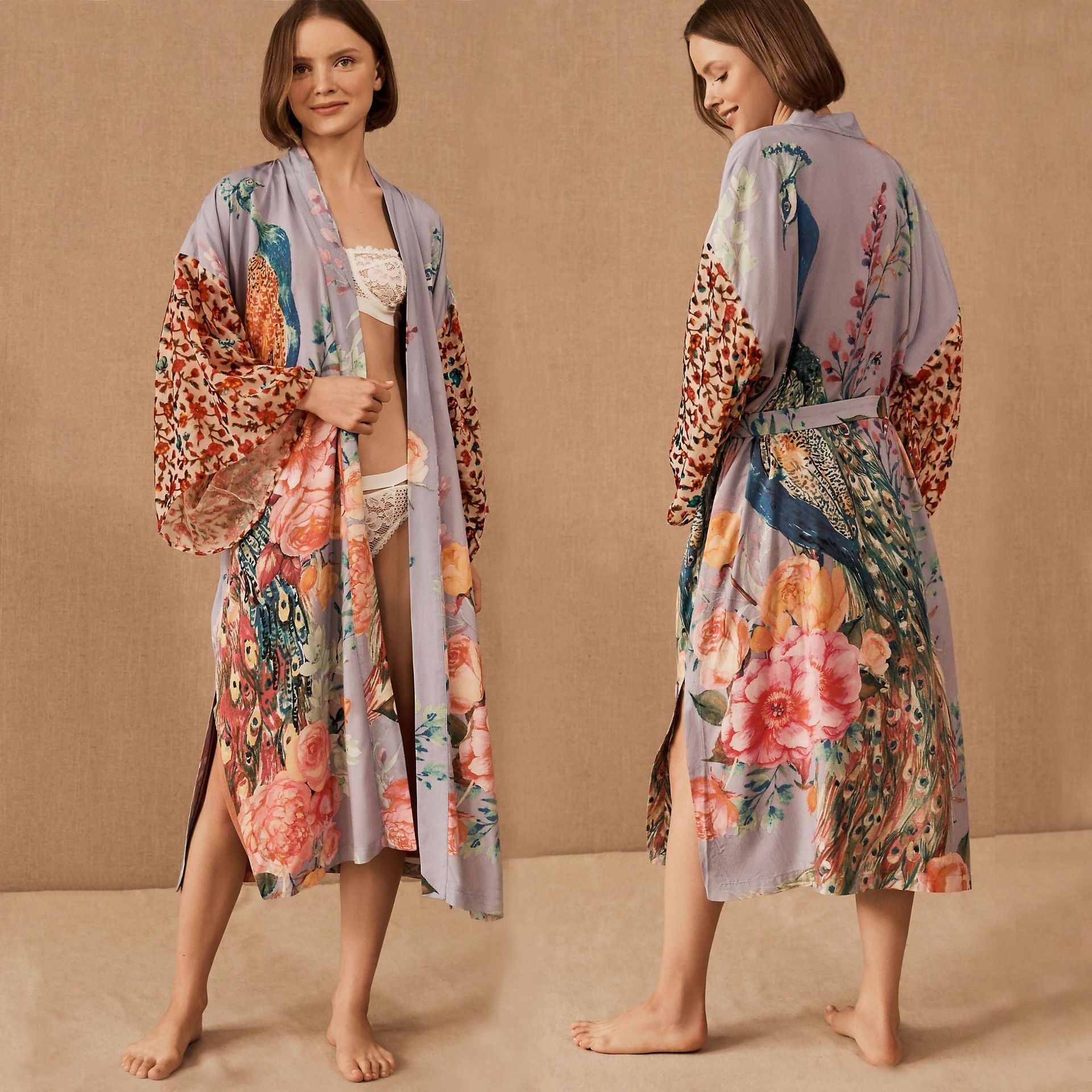 Peacock Positioning Printed Sunscreen Cardigan Seaside Vacation Baggy Coat Beach Cover Up Swimsuit Outwear Women Bella Mia