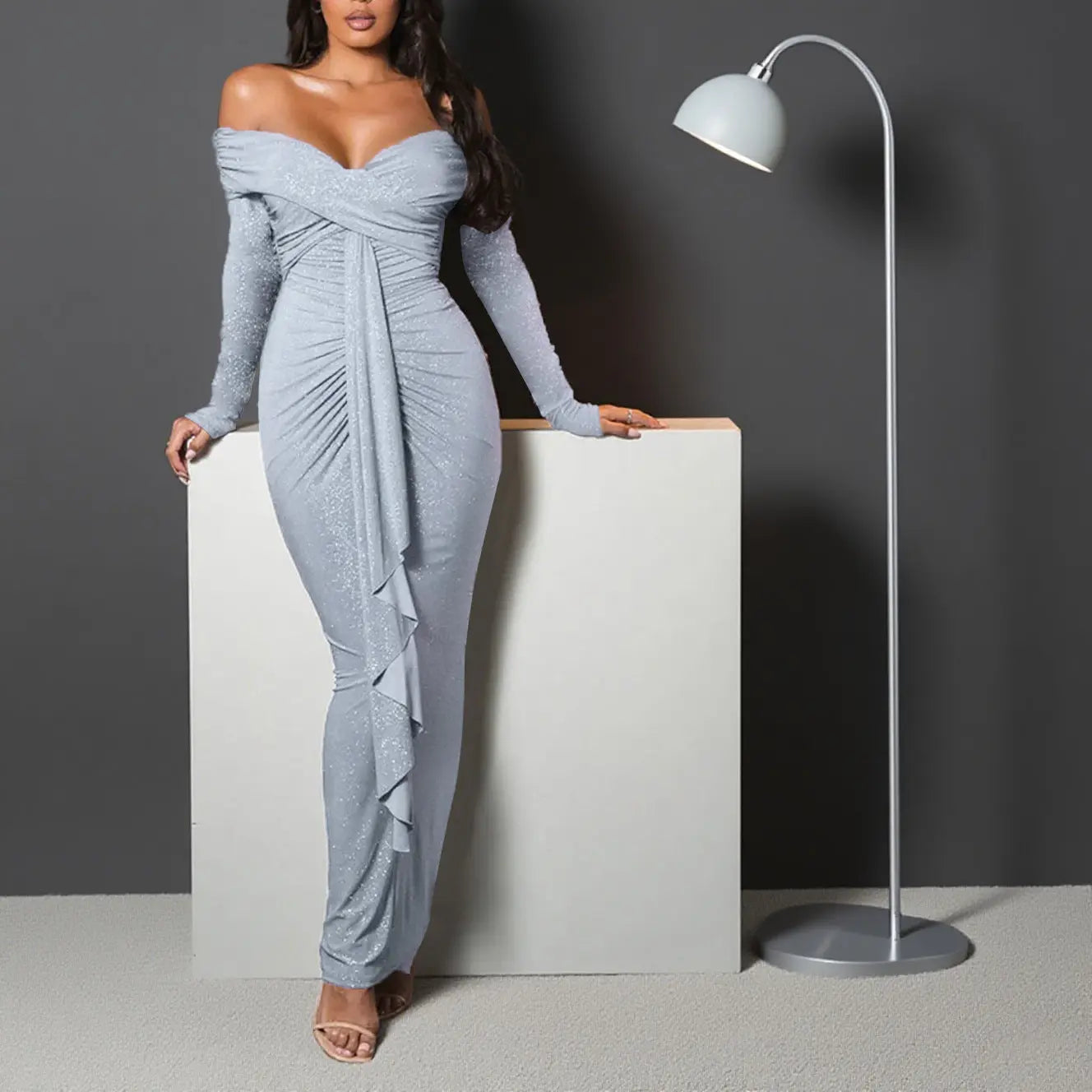 Off Shoulder Rhinestone Shiny Long Sleeve Dress Women Sexy Dress Bella Mia