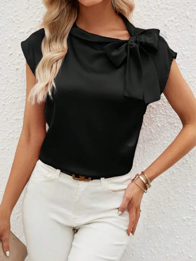 Half Open Collar Bow Satin Top Special Interest Design Satin Women Clothing T shirt Bella Mia