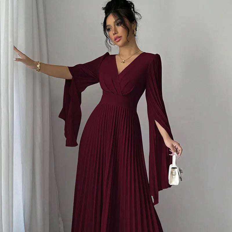 High Waist Maxi Dress Sexy Deep V Plunge Long Sleeve Pleated Bell Sleeve Design Dress Bella Mia
