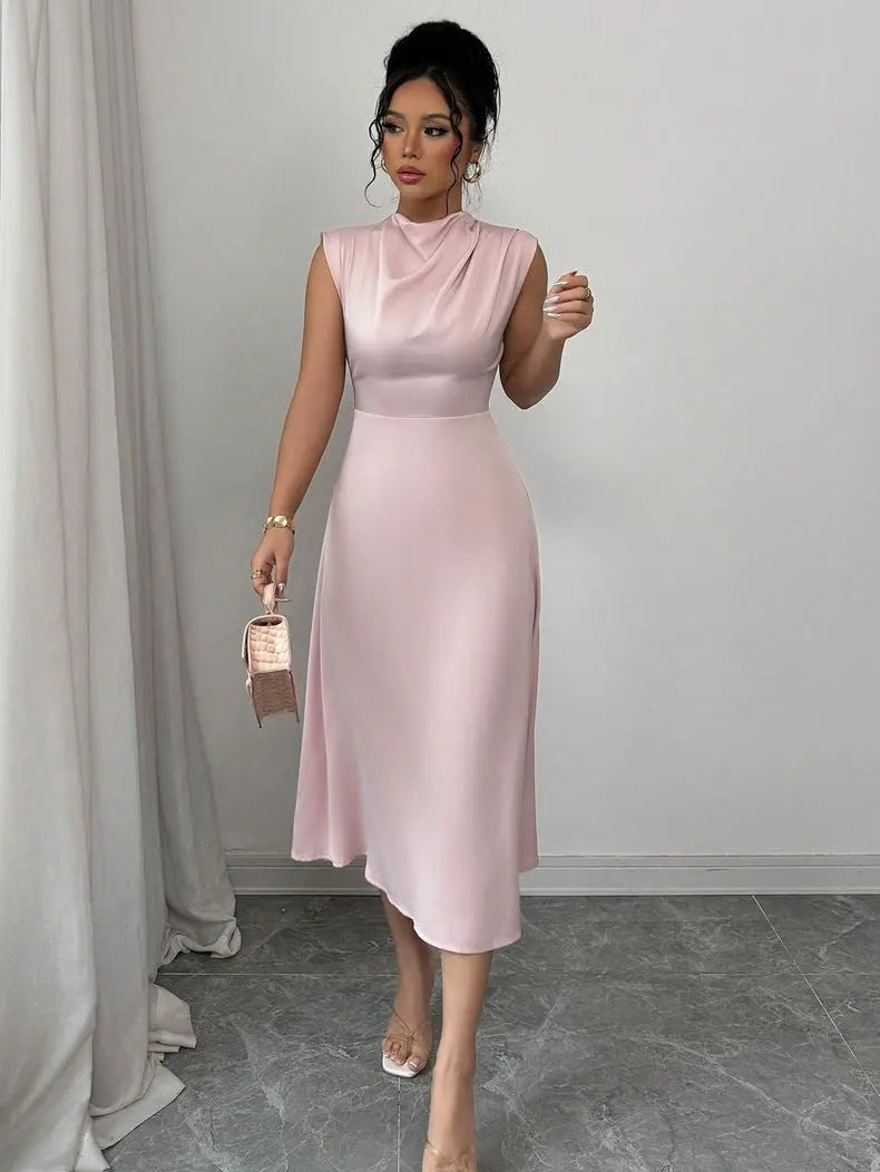 Women Clothing Summer Satin Women Pleated Satin Mid Length A line Dress Bella Mia