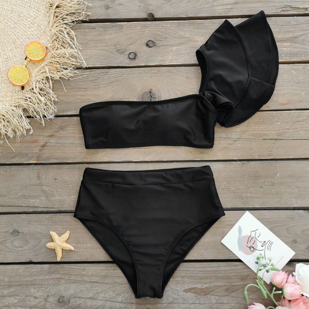 Pure Black Split Swimsuit Women Tube Top High Waist Single Shoulder Double Layer Ruffled Bikini Bella Mia