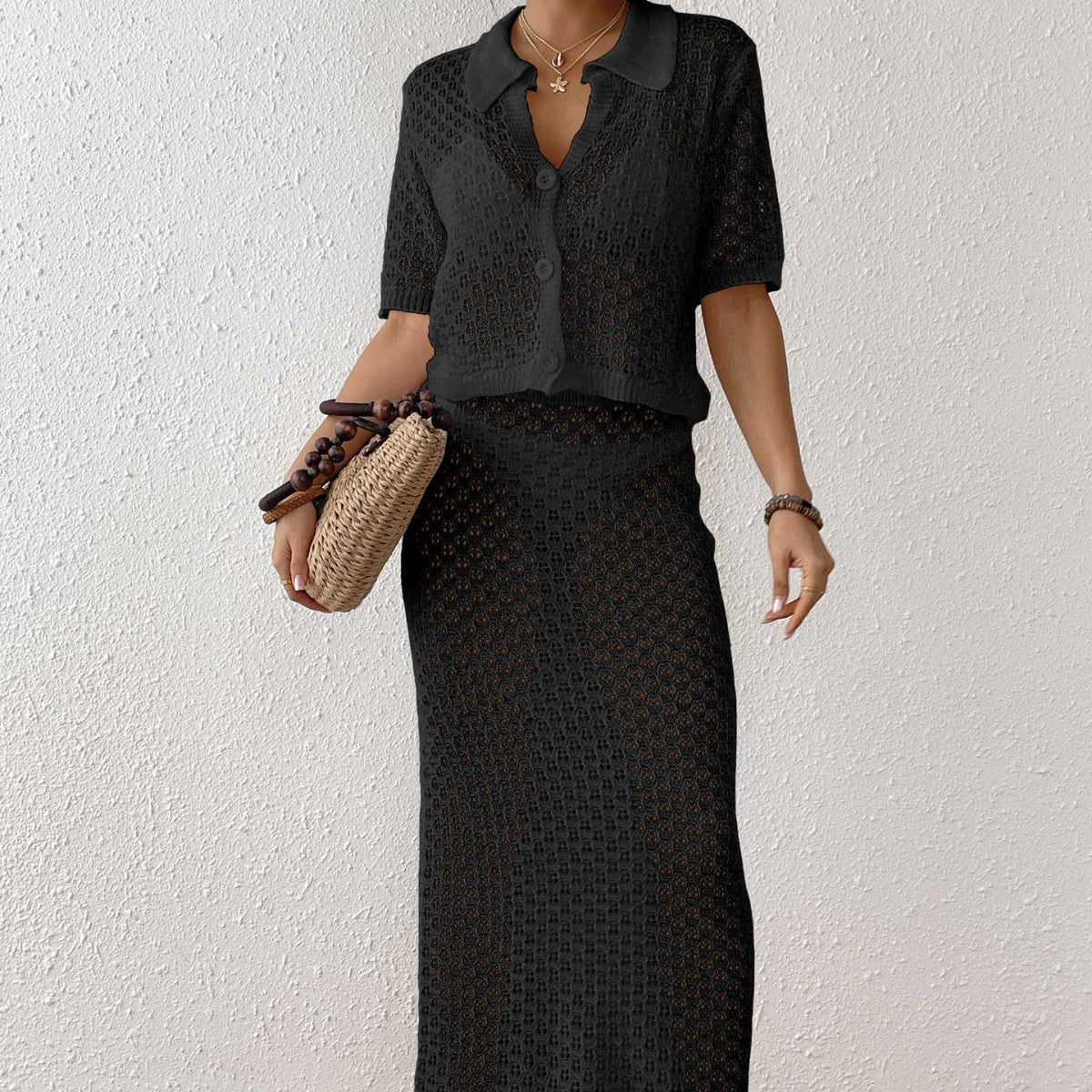 Women Women Clothing Sexy Woven Hollow Out Cutout out Polo Collar Button Short Top Skirt Two Piece Sets Bella Mia