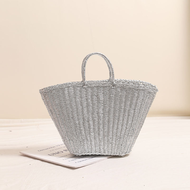 Silver Portable Straw Weaved Bag Metal Sense Large Capacity Hand Carrying Woven Bag Women Seaside Vacation Beach Bag Bella Mia