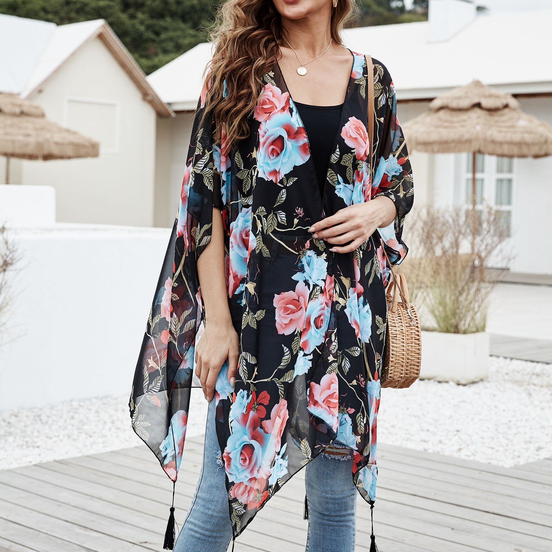 Spring Summer Casual Sun Proof Blue Pink Rose Printed Tassel Blouse Mid Length Sun Proof Clothing Bella Mia