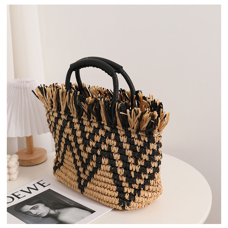 Color Matching Loose Edge Straw Bag Loose Edge Portable Color Matching Woven Bag Seaside Vacation Beach Bag Women Bag Bella Mia