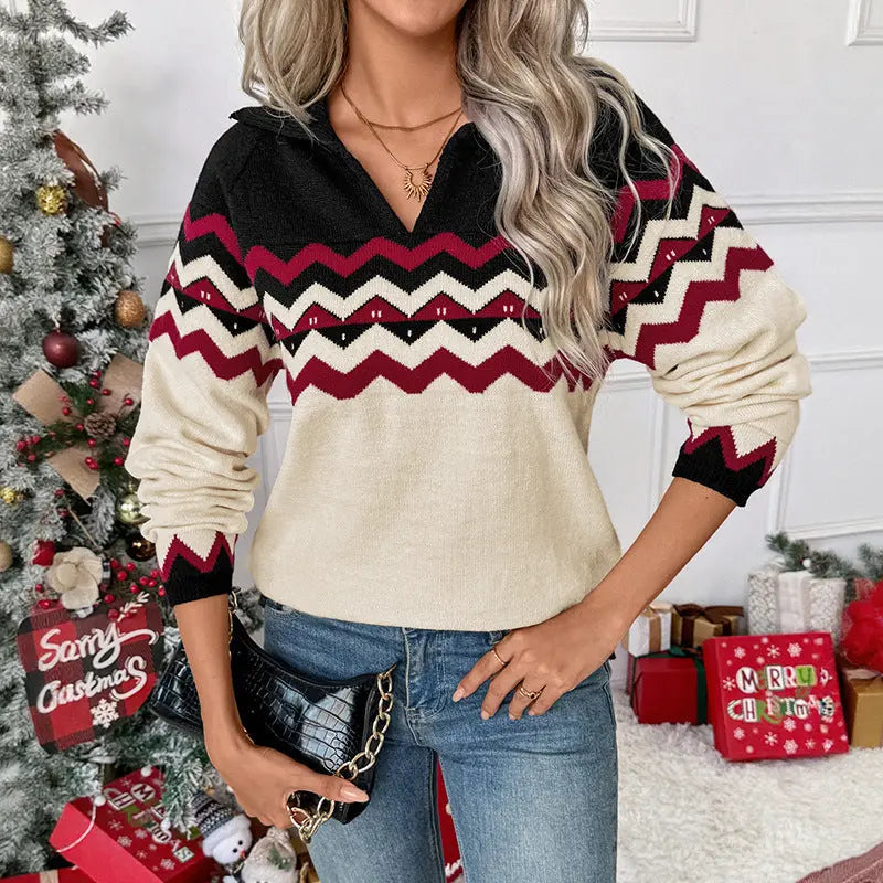 Women Autumn Winter Jacquard Chevron Knit Polo Collar Pullover Christmas Color Bella Mia