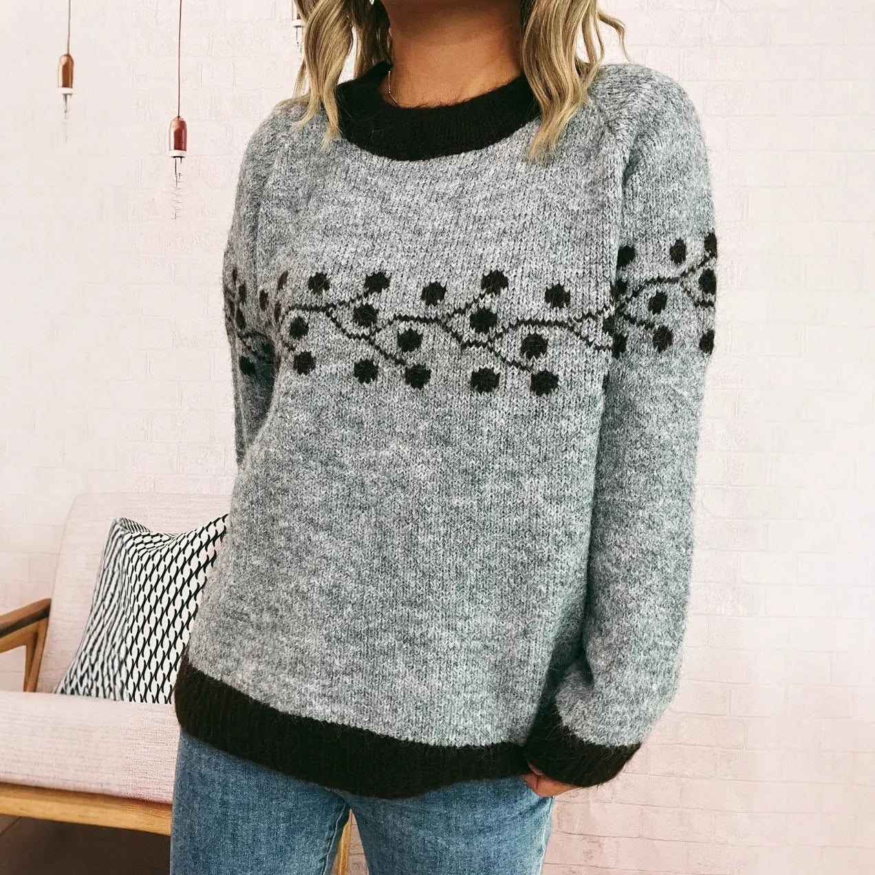 Autumn Winter Polka Dot Branch Jacquard Sweater Office Casual Sweater Pullover Women Bella Mia