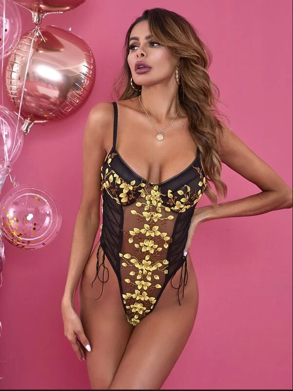 September Embroidery Transparent Mesh Jumpsuit Sexy Lingerie Bella Mia