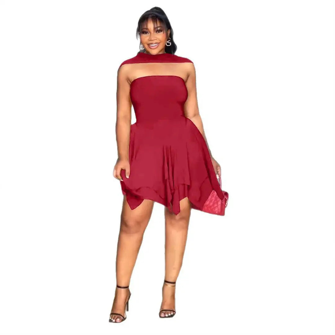 Women Elegant Irregular Asymmetric Double Layer Waist Tube Top Dress Zipper Bella Mia