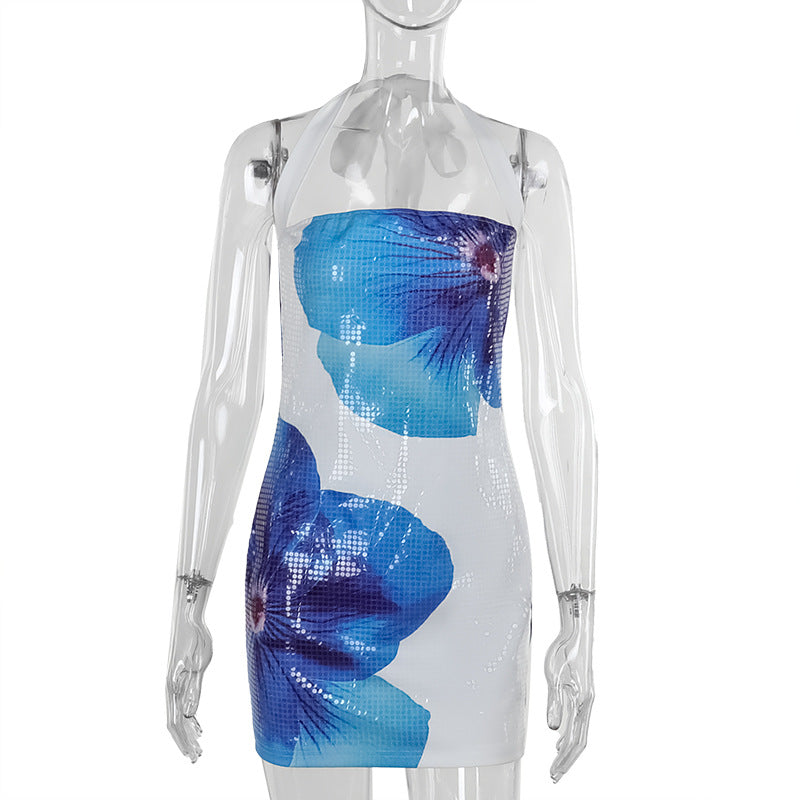 Autumn Socialite Elegant Slim Floral Sequin Halter Hip Wrapped Dress Women Bella Mia