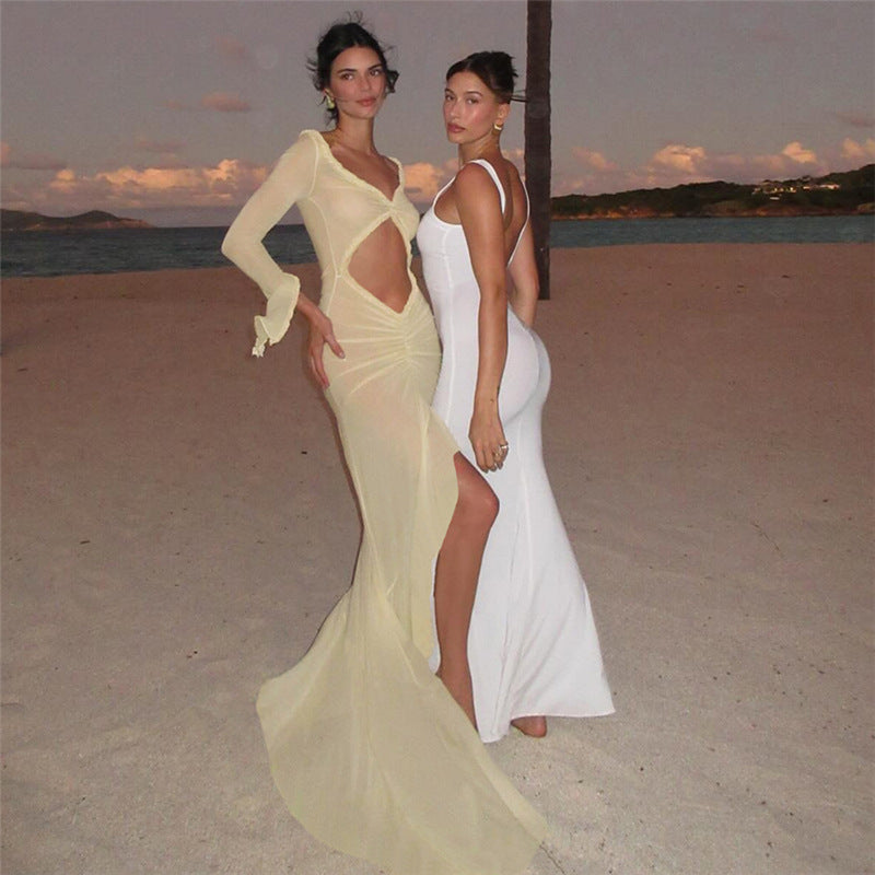 Summer Women Collection V neck See through Sexy L Hollow Out Cutout out Pleated Lace Slim Fit Dress Bella Mia