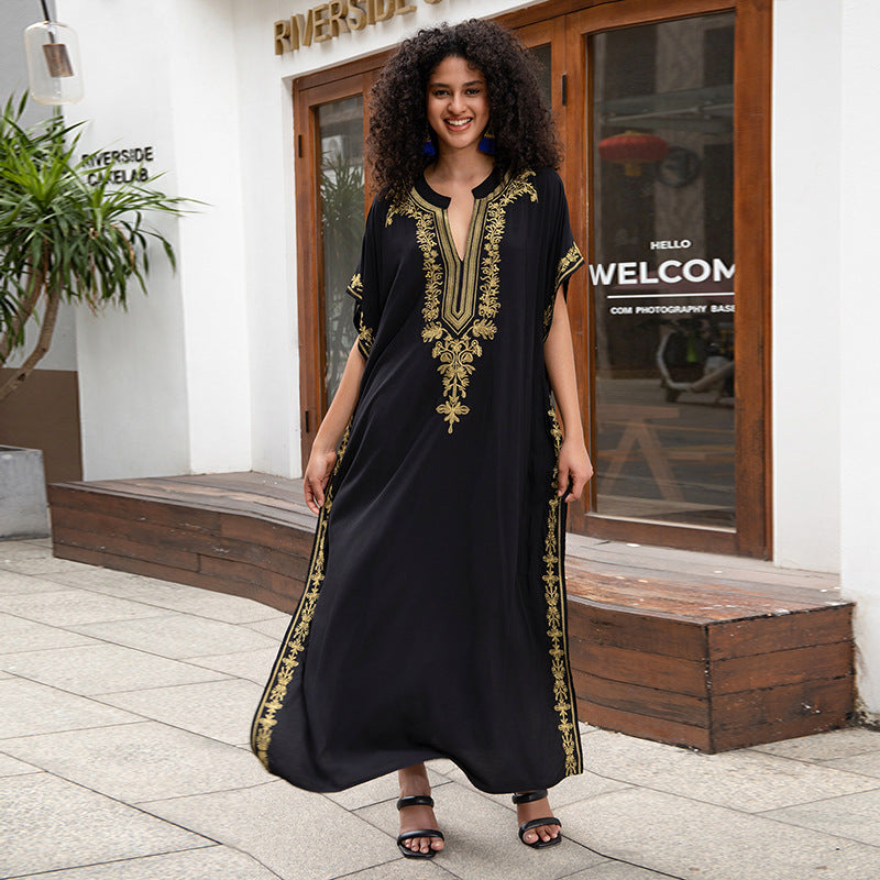 Rayon Embroidered Holiday Loose Jumpsuit Long Robe Beach Sun Protection Maxi Dress Beach Cover Up Bella Mia