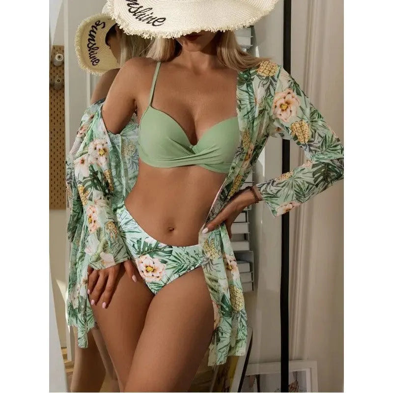 Three Piece Swimsuit Green Leaf Printed Bikini Hard Bag Bikini Manufacturer Bella Mia